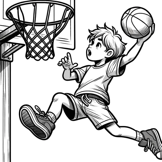 ילד מטביע כדור לרשת דף צביעה