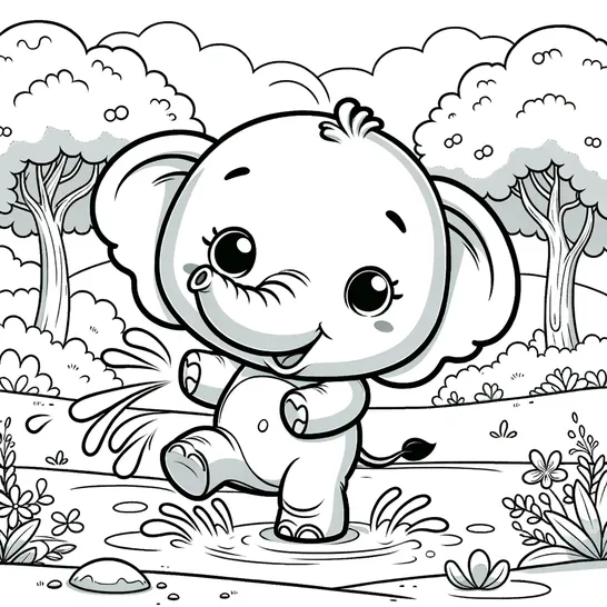 דף צביעה של פילפילון חמוד רוקד בשלולית