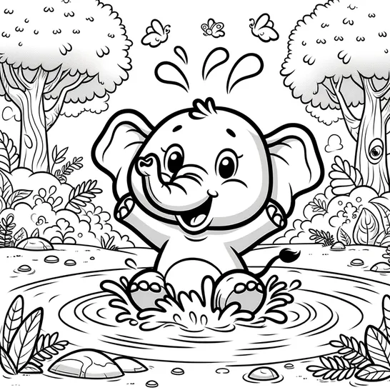 פיל קטן יושב בשלולית ומשפריץ