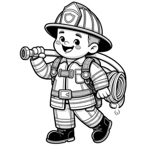 דף צביעה של כבאי צועד עם צינור מים