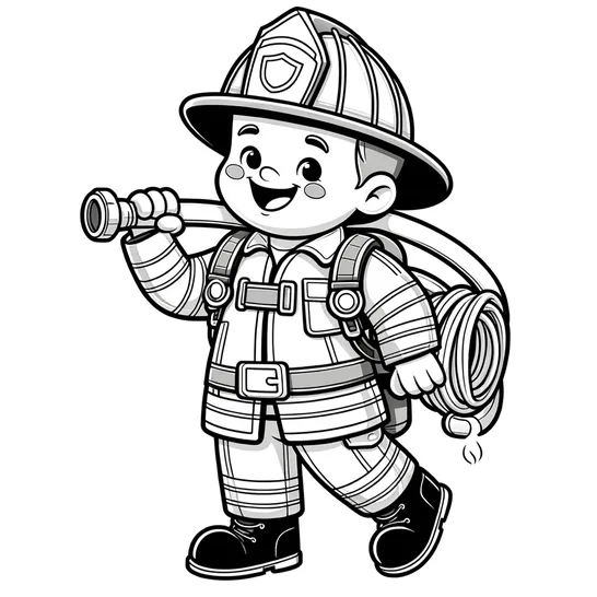 דף צביעה של כבאי צועד עם צינור מים