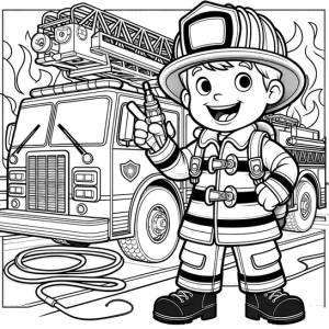 דף צביעה של כבאי עומד ליד כבאית