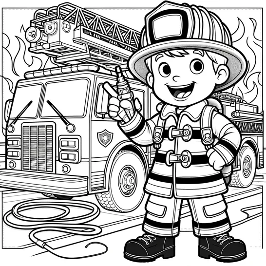 דף צביעה של כבאי עומד ליד כבאית