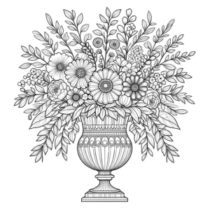 דף צביעה של פרחים בתוך אגרטל בצורת גביע