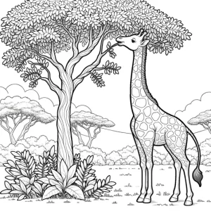 דף צביעה של ג'ירפה אוכלת מעץ