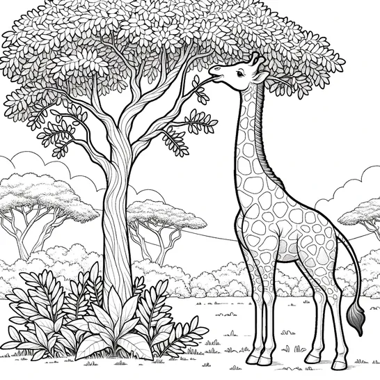 דף צביעה של ג'ירפה אוכלת מעץ