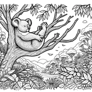דף צביעה של דוב קואלה ישן על עץ וברקע יער