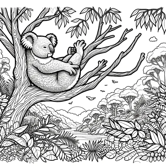 דף צביעה של דוב קואלה ישן על עץ וברקע יער