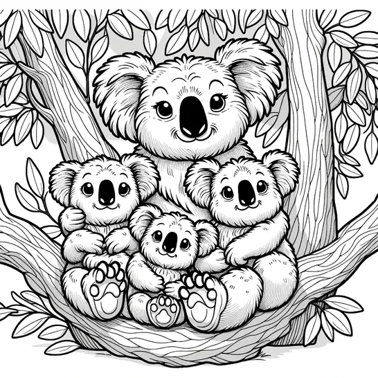 דף צביעה של משפחת קואלות יושבים על עץ