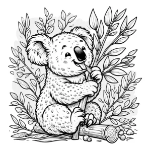 דף צביעה של קואלה אוכל עלים מענף אקליפטוס