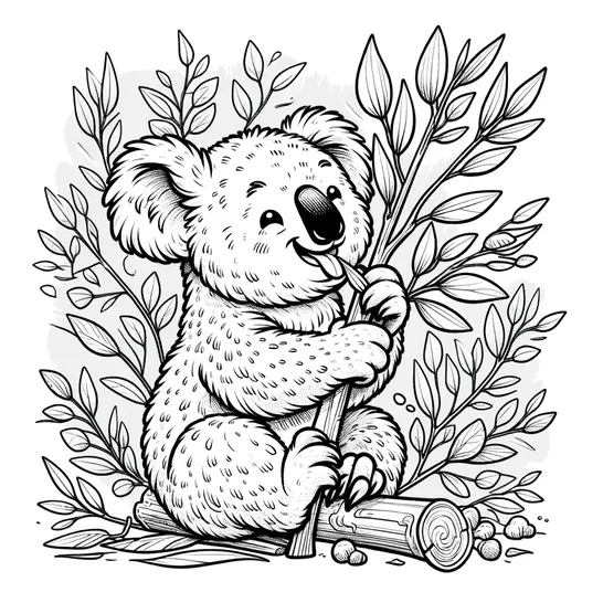 דף צביעה של קואלה אוכל עלים מענף אקליפטוס