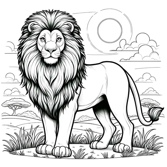 דף צביעה של אריה עומד בתנוחה אצילית בסוואנה