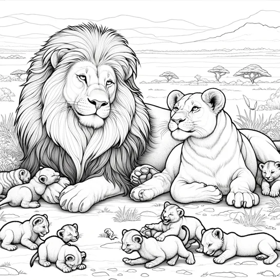 דף צביעה של אריה ולביאה עם הגורים שלהם