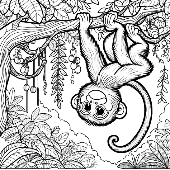 דף צביעה של קוף תלוי על ענף הפוך