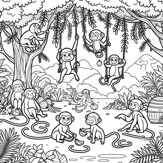 דף צביעה של חבורת קופים בג'ונגל