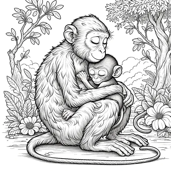 דף צביעה של אמא קופה מחבקת את התינוק הקוף שלה